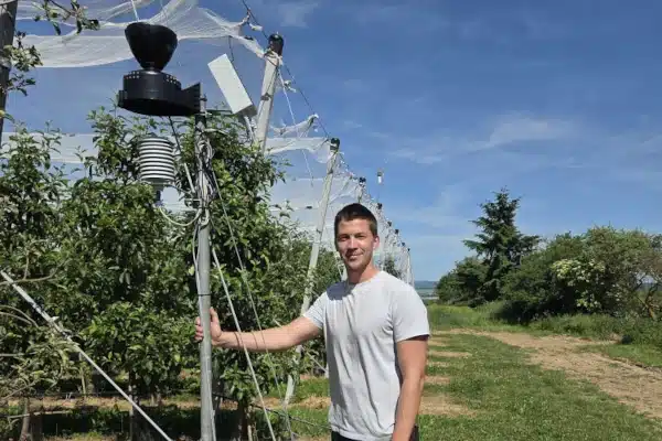 Foto Nörthemann, Unterschrift: Die erste Fruitweb-Station der Kreisfachgruppe wurde am 28.05. in Fritzdorf installiert.